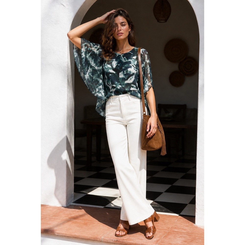Jennifer Lopez Blue Green‎ Floral Tiered Bell Sleeve Blouse Large V-Neck Top
